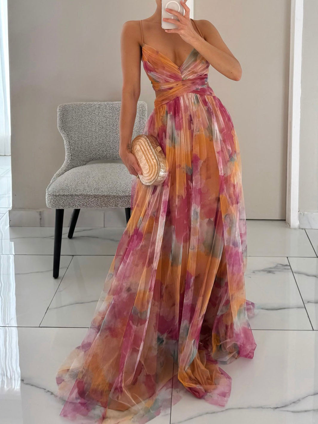 Elegant Painted Floral Print V-Neck A-Line Maxi Dress-HighTouch