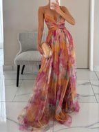 Elegant Painted Floral Print V-Neck A-Line Maxi Dress-HighTouch