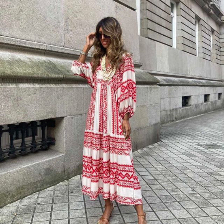 Women's Spring Dress | Patterned Maxi Long Sleeve-HighTouch