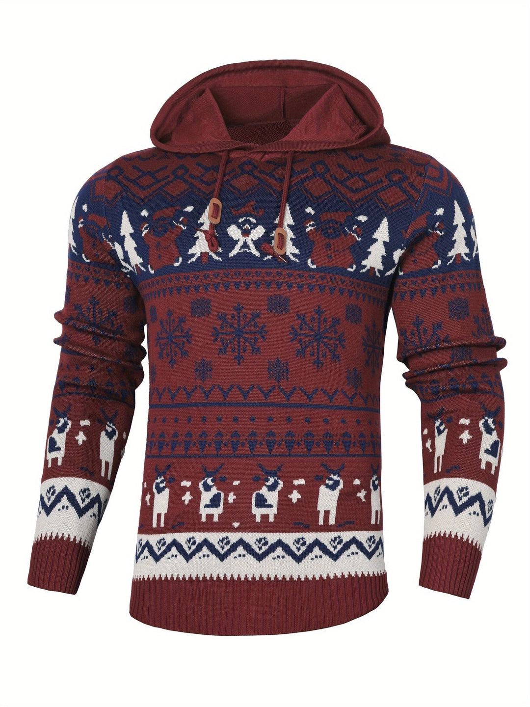 Women's Hooded Christmas Sweater with Reindeer and Snowflake Pattern