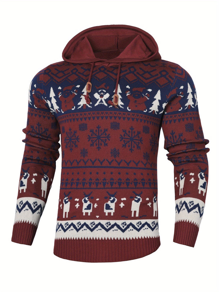 Women's Hooded Christmas Sweater with Reindeer and Snowflake Pattern
