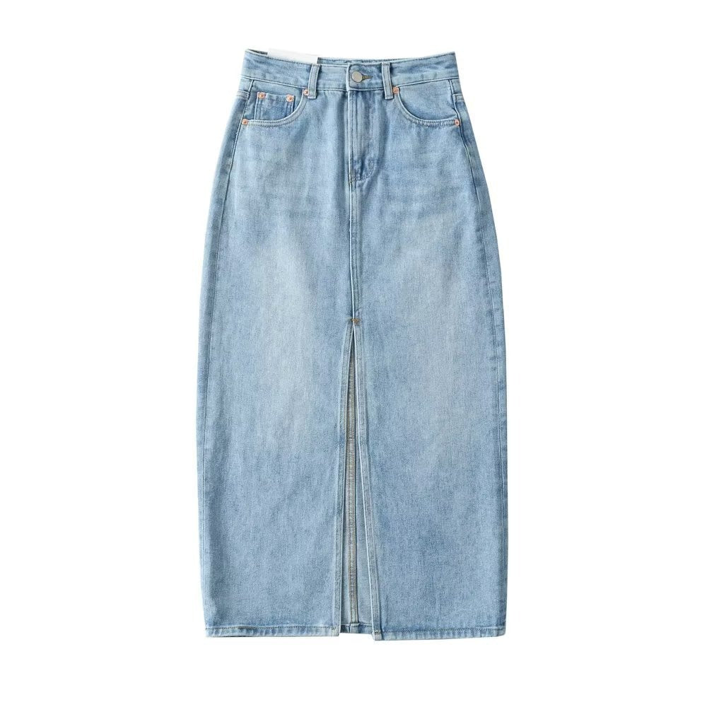 Women’s Front Slit Denim Maxi Skirt – Street Hipster Long Denim Skirt