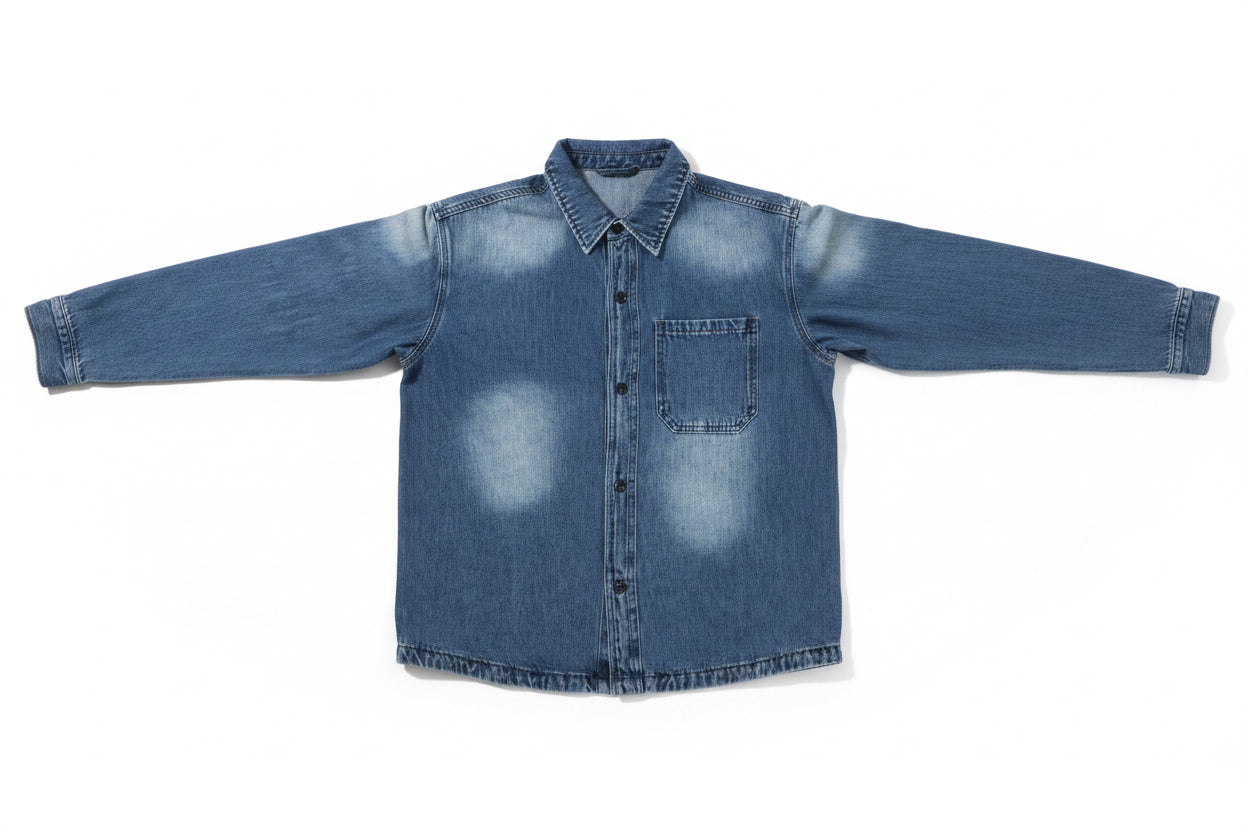 Blue denim jacket on a textured white surface