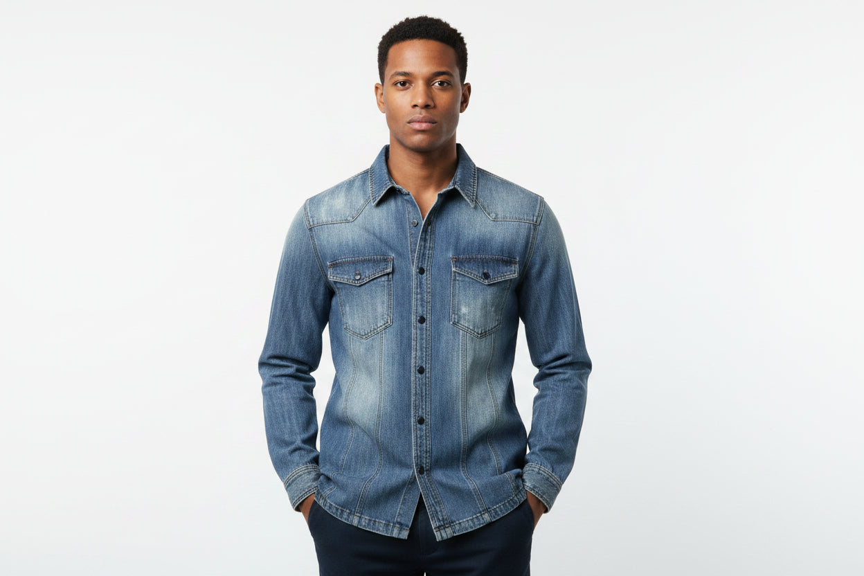 Blue denim jacket on a textured white surface