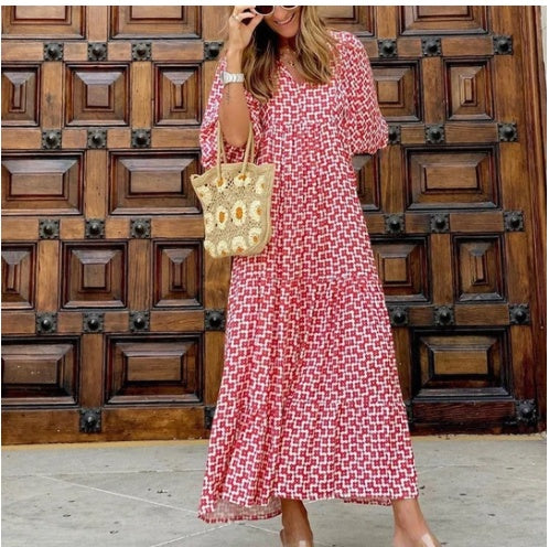 Women's Spring Dress | Patterned Maxi Long Sleeve-HighTouch