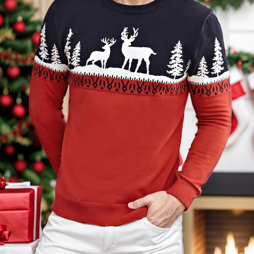 Men's Reindeer and Pine Tree Christmas Crew Neck Sweater