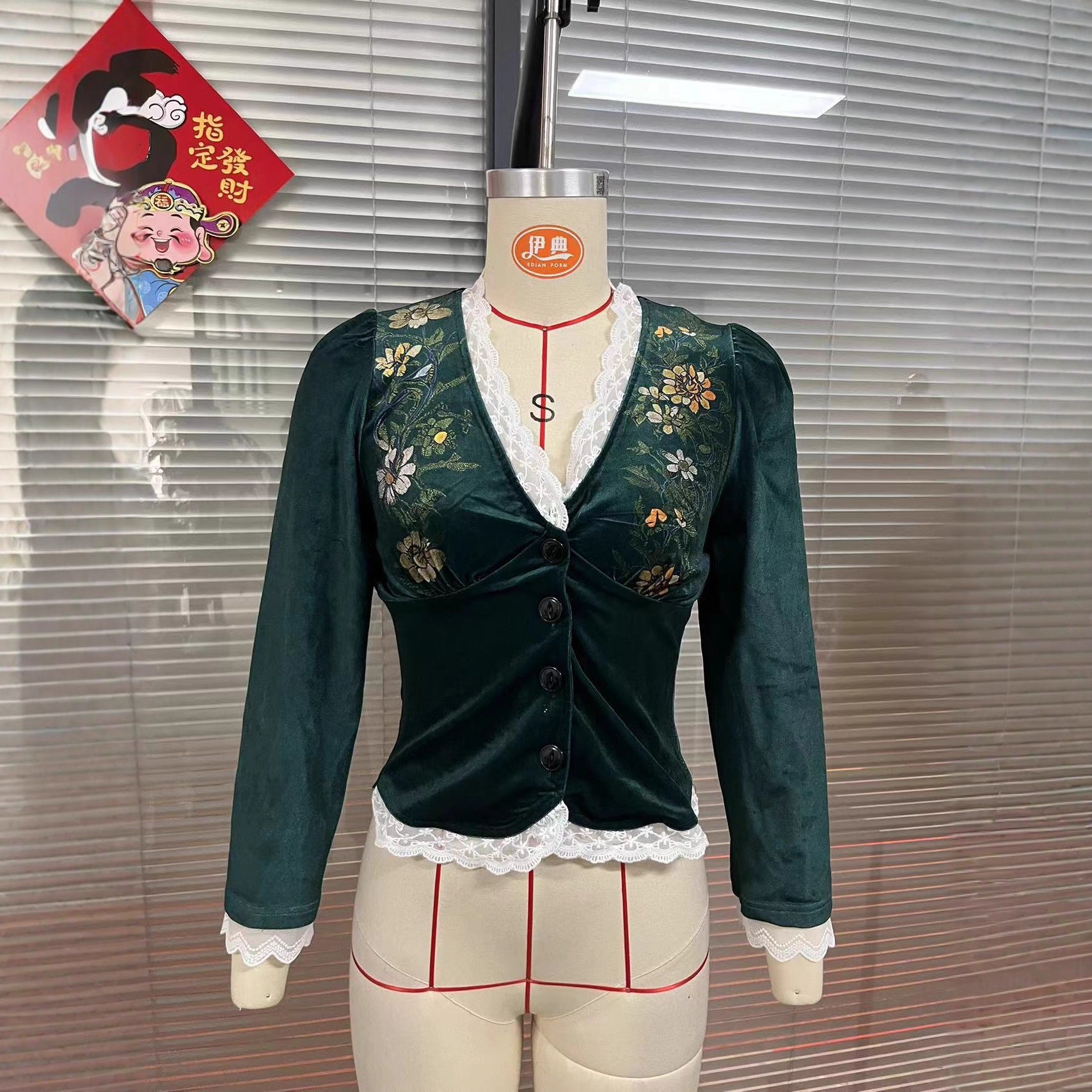 Women's V-Neck Retro Black Velvet Shirt with Puffed Sleeves