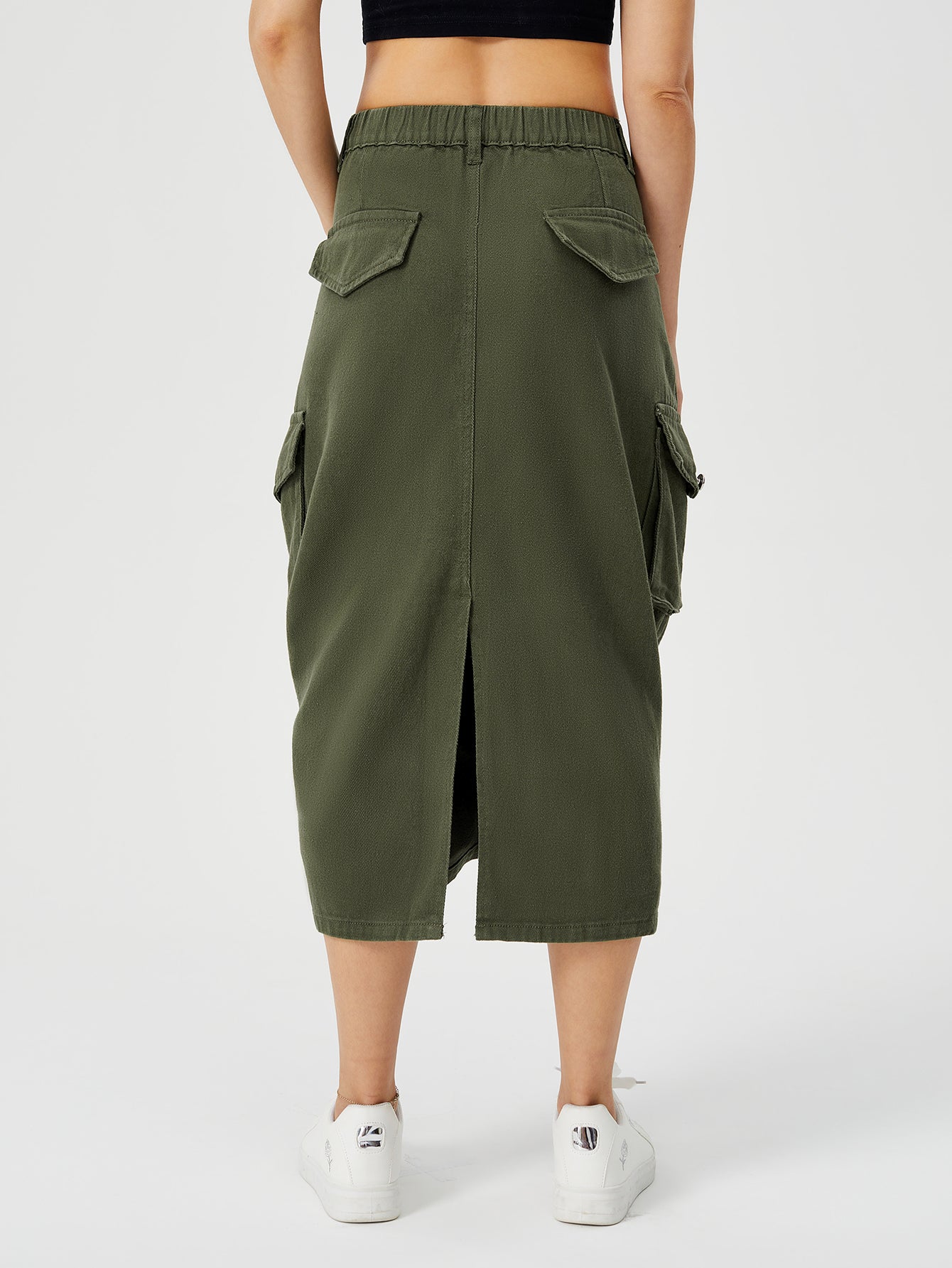 Women's Denim Cargo Midi Skirt – High Waisted Y2K Style with Pockets-HighTouch