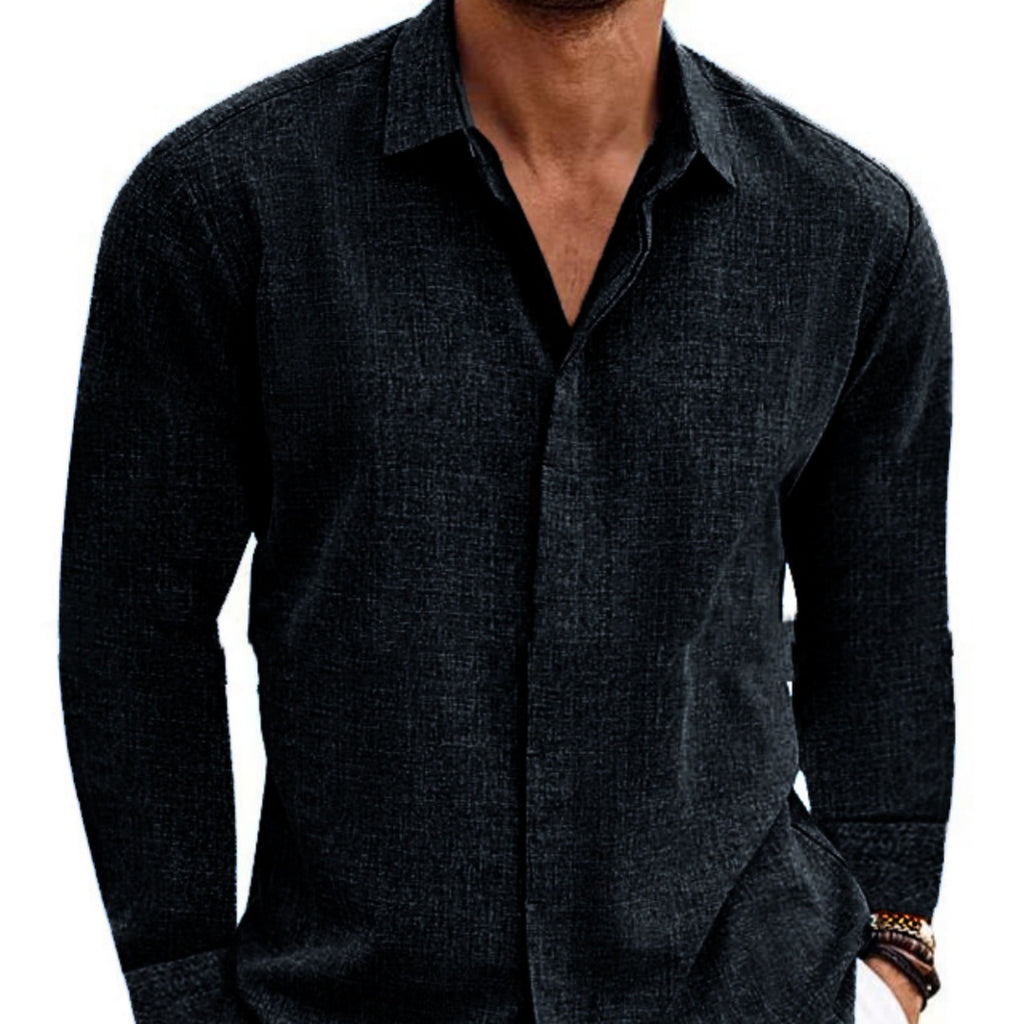 Long Sleeve T-shirt Undershirt Solid Color Long Sleeve Cotton Linen Shirt Men-HighTouch