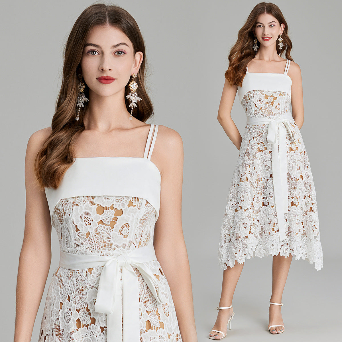 Crocheted Hollow Embroidery Stitching Lace-up Waist-controlled Slimming Dress-HighTouch