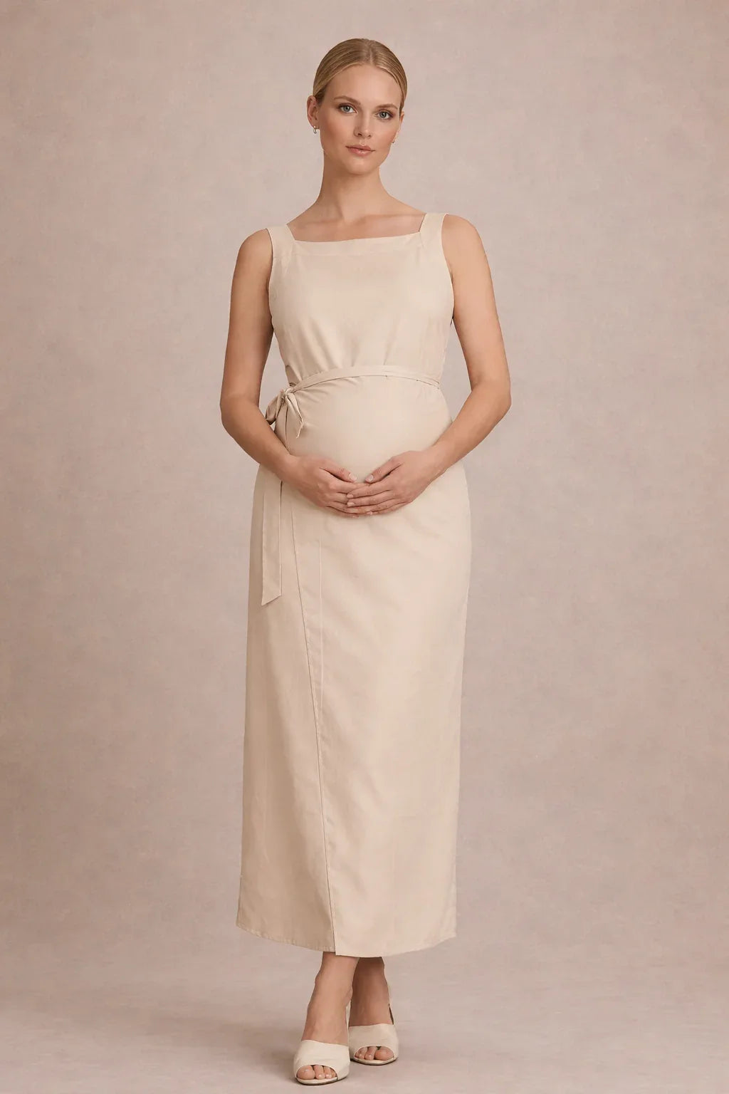 Maternity Midi Dress – Sleeveless Empire Waist Pregnancy Dress with Ti – HighTouch