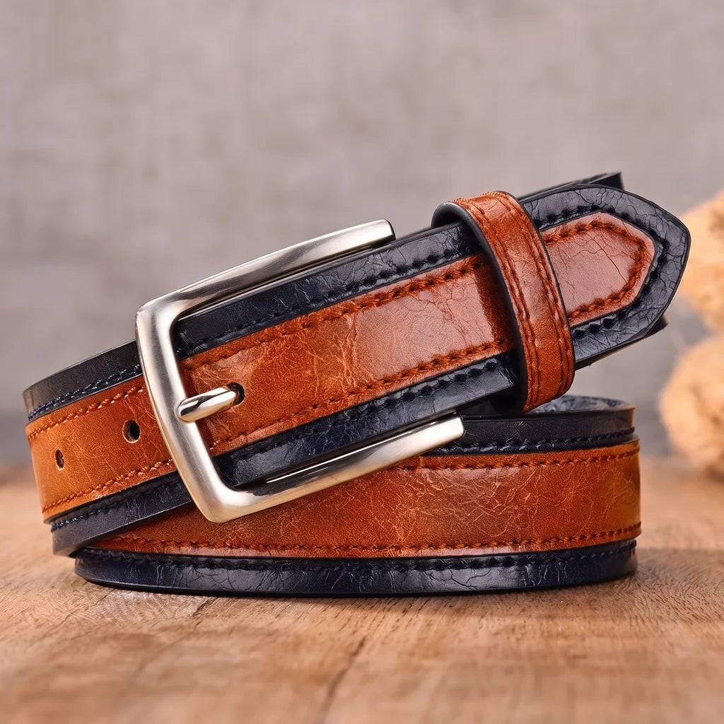 Men's Leather Belt - Two-Tone Raised Panel Pin Buckle Strap