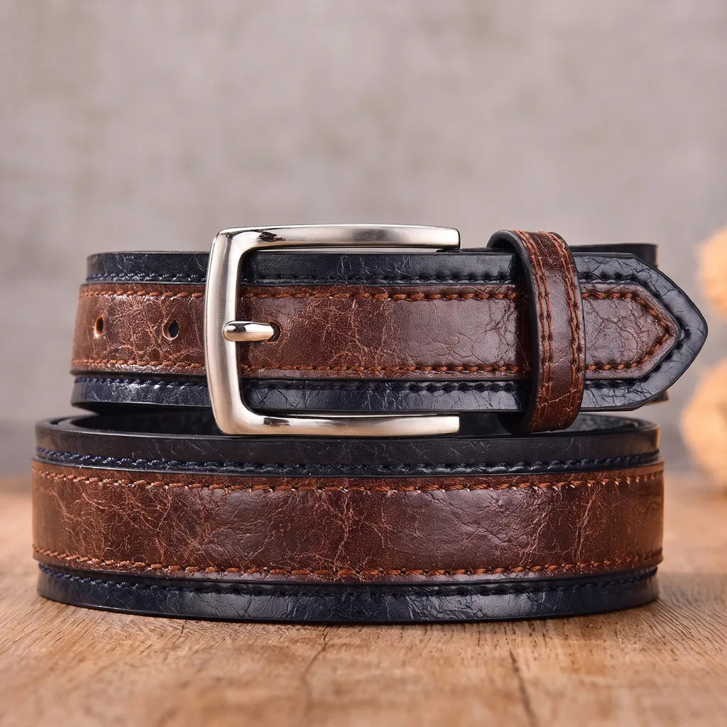 Men's Leather Belt - Two-Tone Raised Panel Pin Buckle Strap