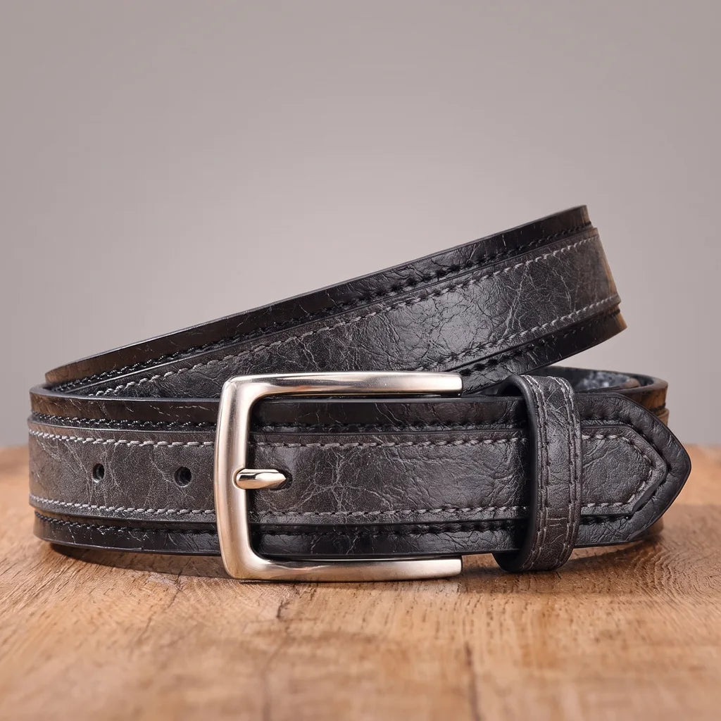 Men's Leather Belt - Two-Tone Raised Panel Pin Buckle Strap
