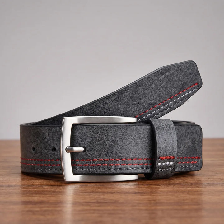 Men's Leather Belt - Two-Tone Raised Panel Pin Buckle Strap