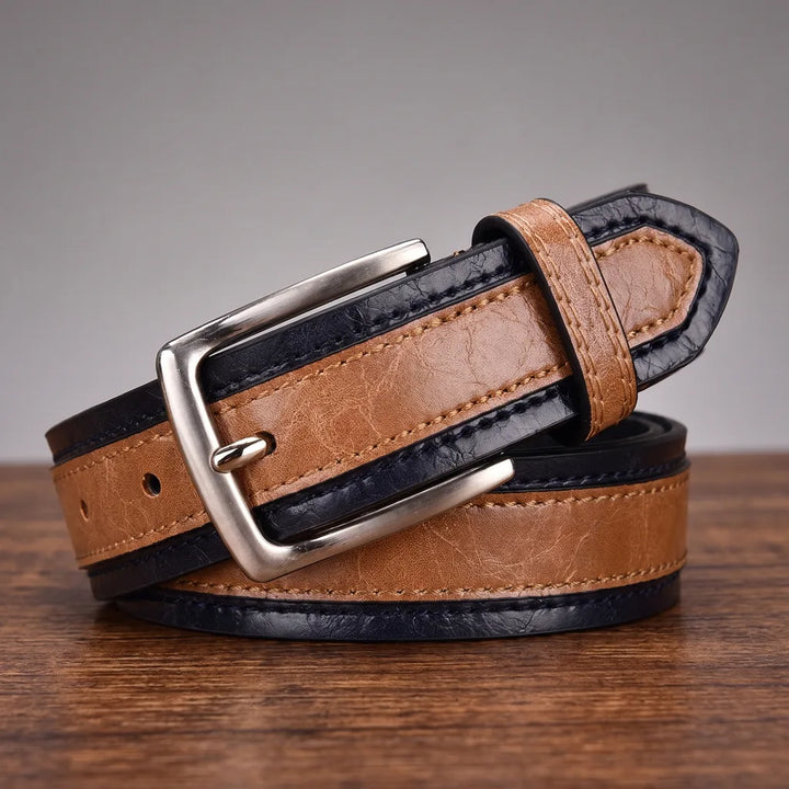 Men's Leather Belt - Two-Tone Raised Panel Pin Buckle Strap