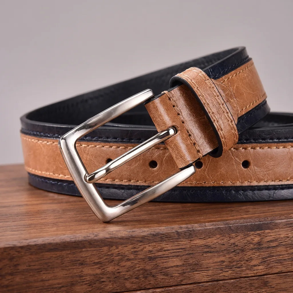 Men's Leather Belt - Two-Tone Raised Panel Pin Buckle Strap