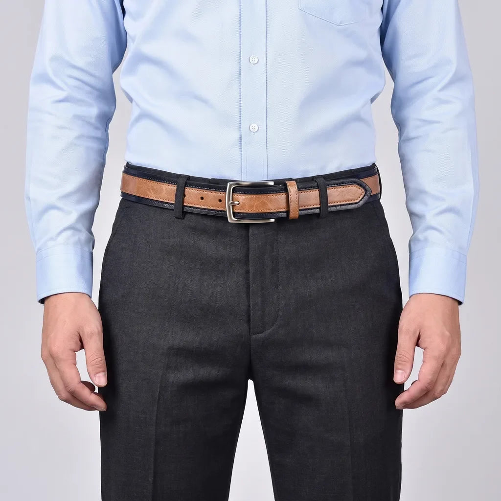 Men's Leather Belt - Two-Tone Raised Panel Pin Buckle Strap