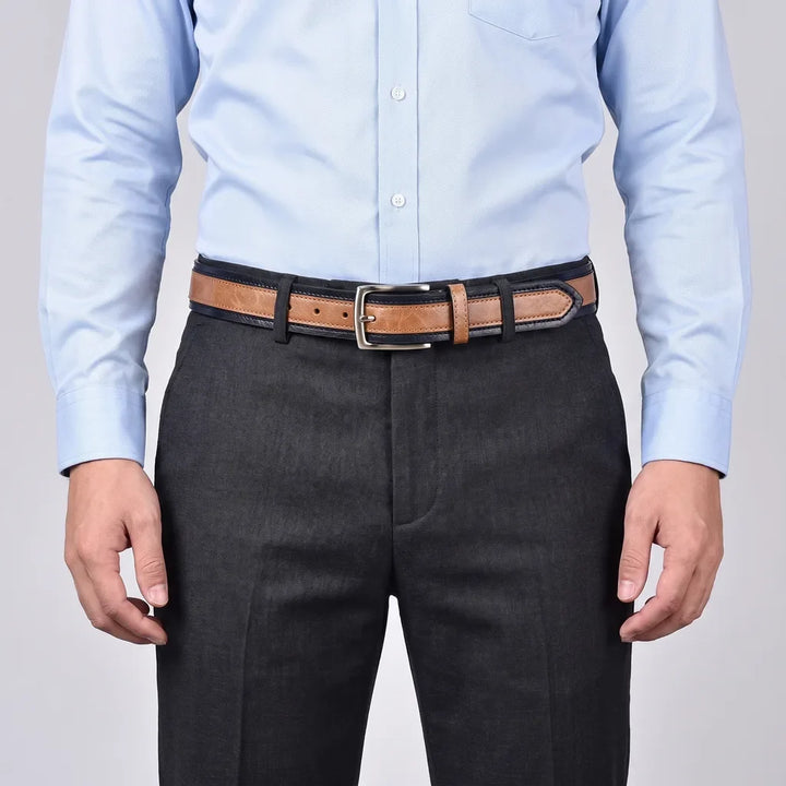 Men's Leather Belt - Two-Tone Raised Panel Pin Buckle Strap