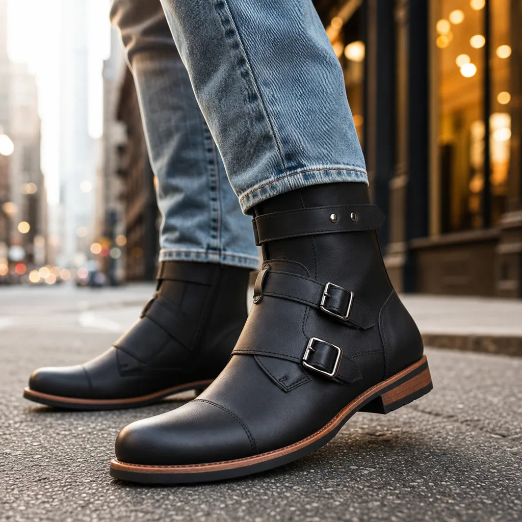 Dashiell Men's Moto Boots - Dual Buckle Leather Ankle Boot
