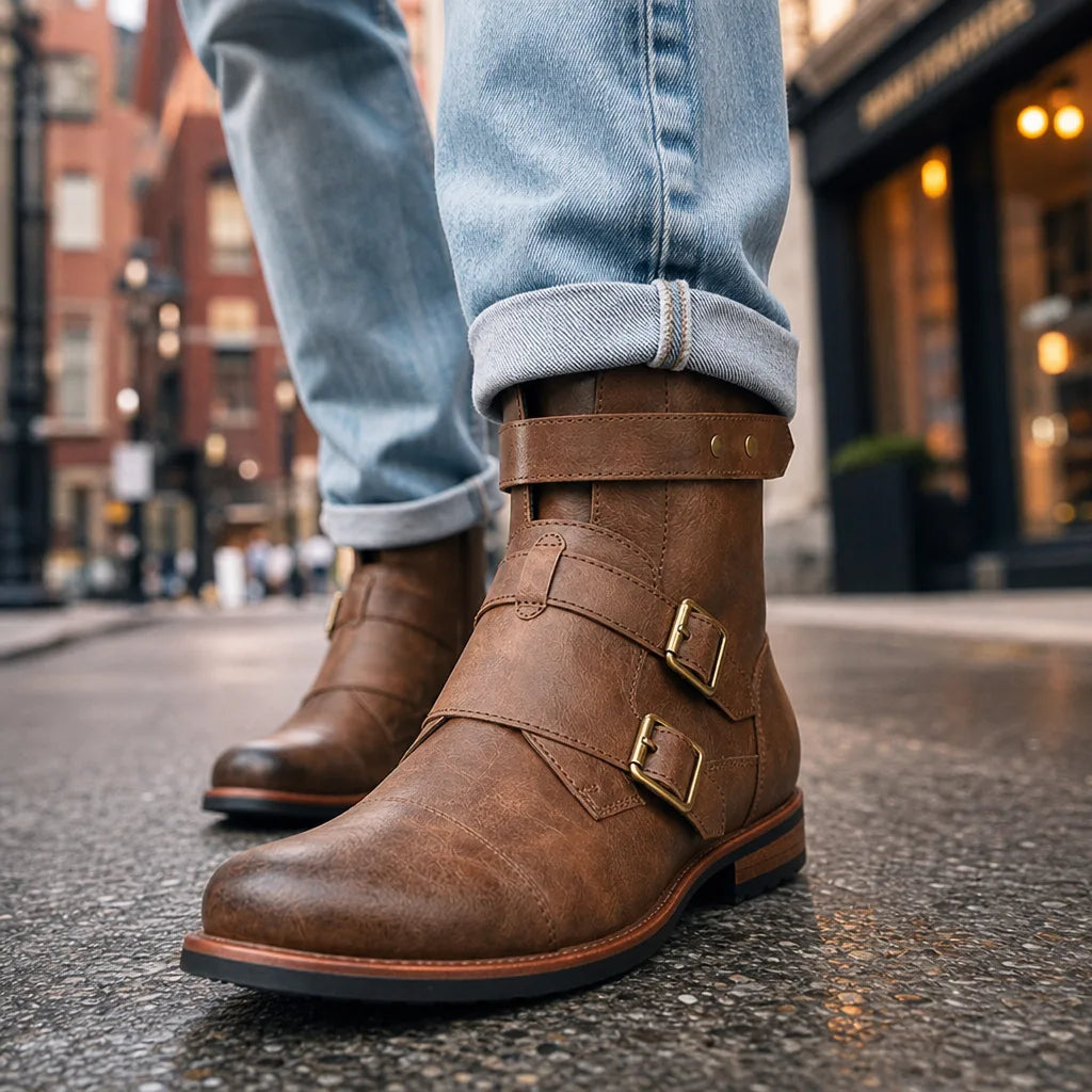 Dashiell Men's Moto Boots - Dual Buckle Leather Ankle Boot