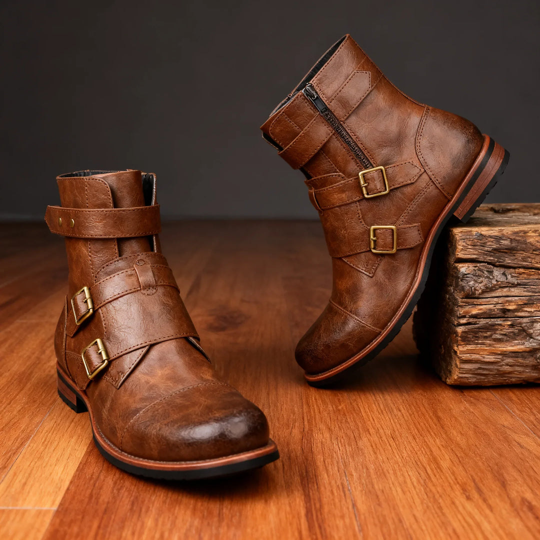 Dashiell Men's Moto Boots - Dual Buckle Leather Ankle Boot
