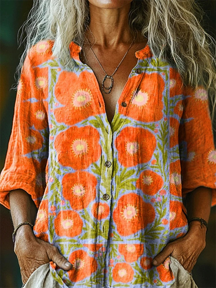 Women’s Blouse | Printed V-Neck Long Sleeve-HighTouch