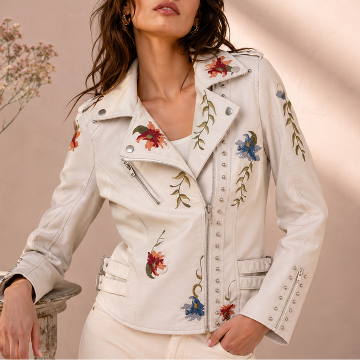 Delacroix Women's Floral Embroidered Leather Biker Jacket