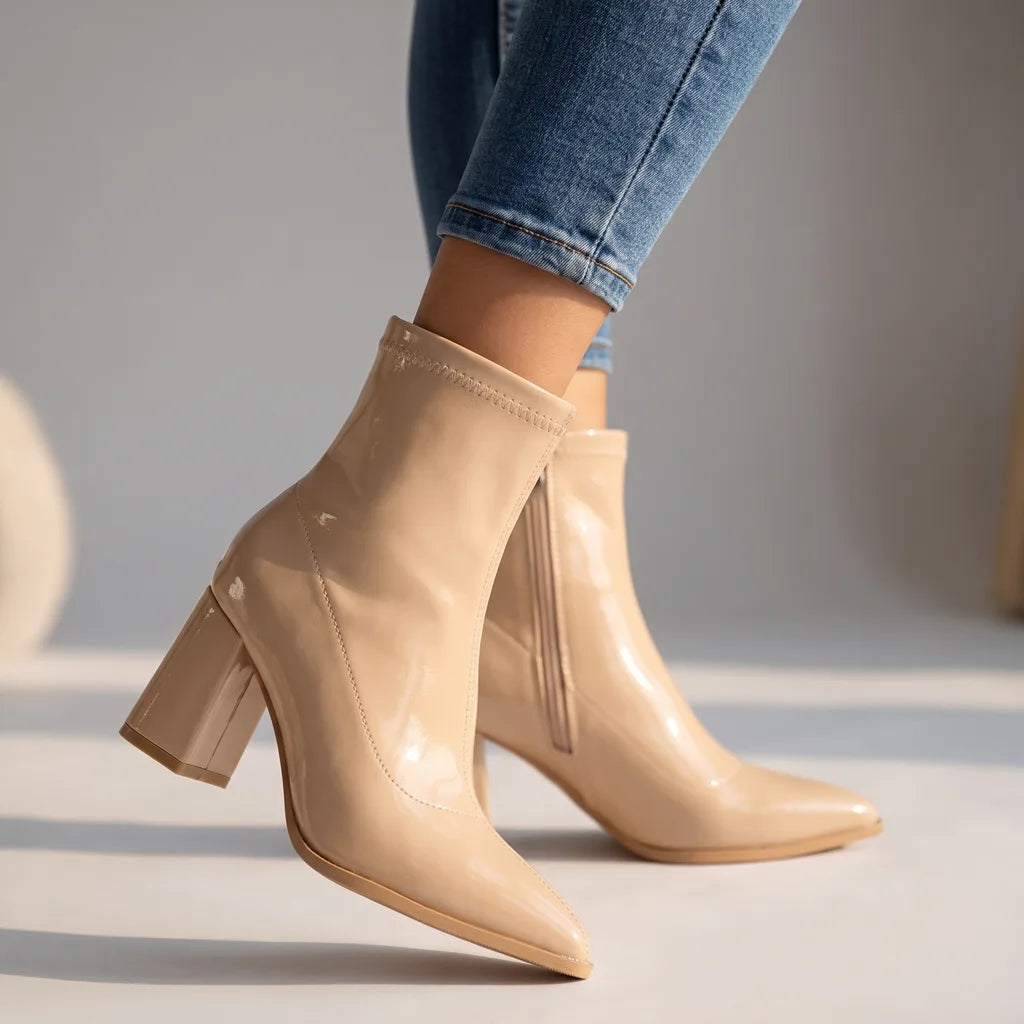 Women's Glossy Ankle Boots with Block Heel