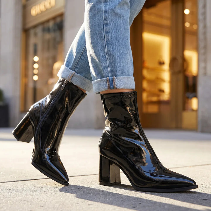 Women's Glossy Ankle Boots with Block Heel