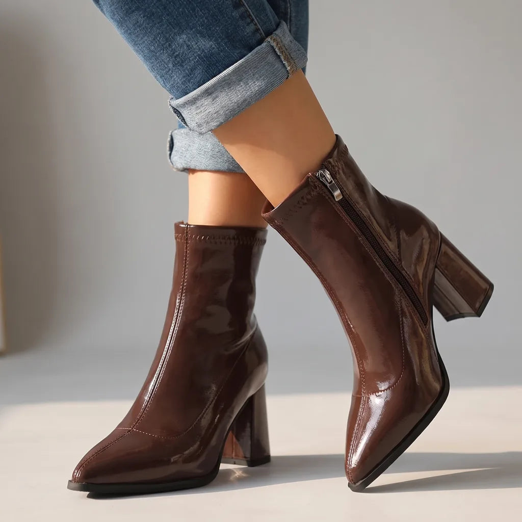 Women's Glossy Ankle Boots with Block Heel