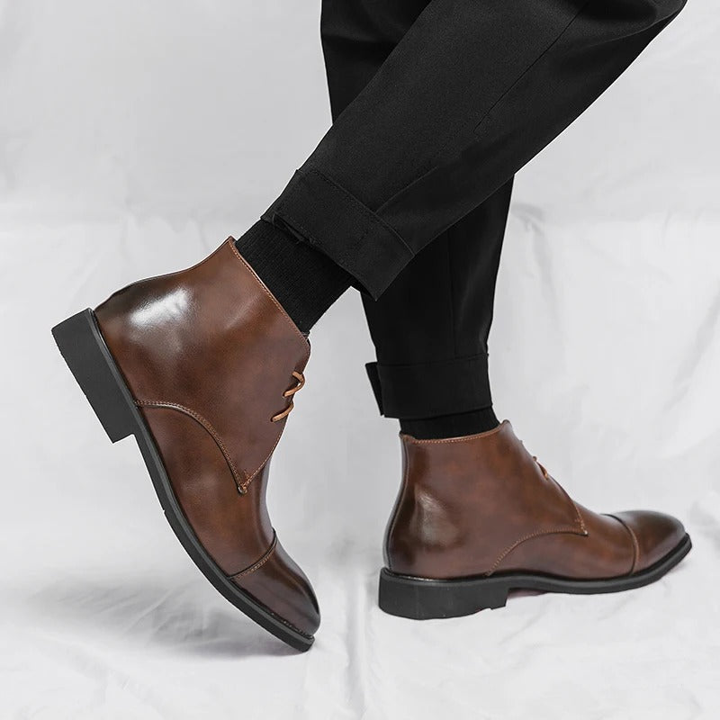 Men's Leather Cap-Toe Dress Boots | Classic Lace-Up Formal Ankle Boots