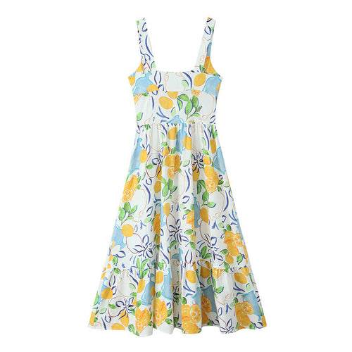 Blended Linen Printing Midi Skirt Dress |Plants & Flowers Pattern-HighTouch