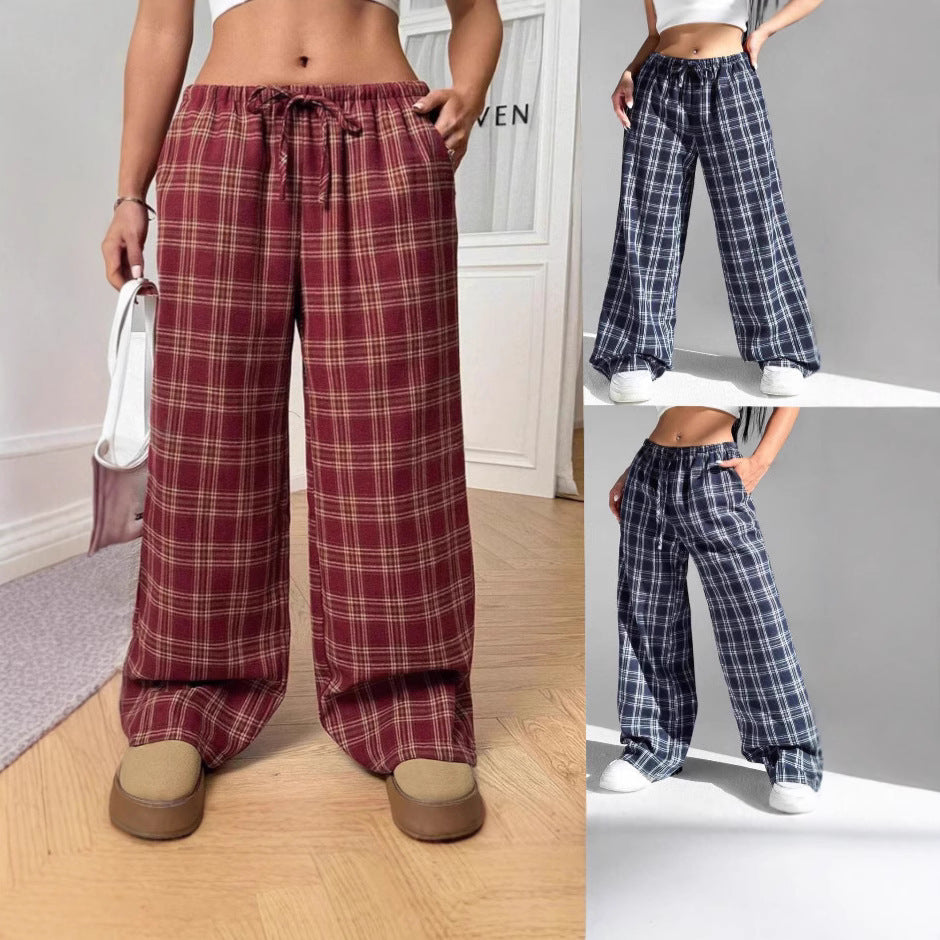 Women's Casual All-match Loose Drawstring Plaid Pocket Trousers-HighTouch