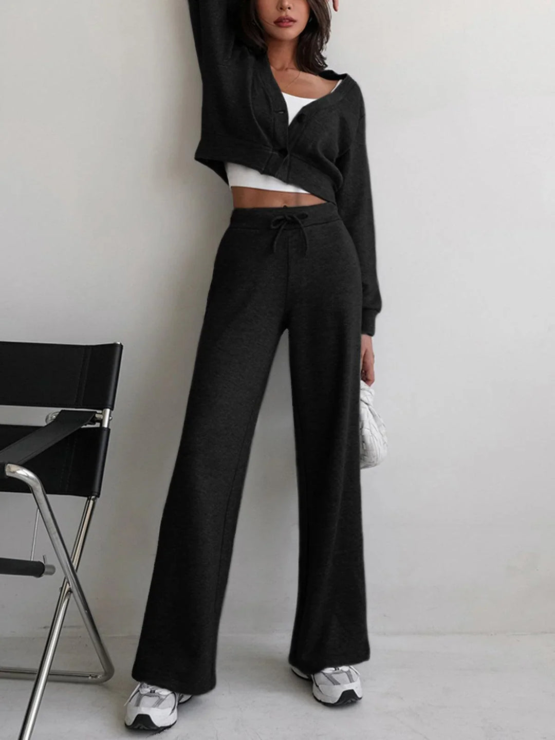 Winter Wide Leg Lounge Pants Women Baggy Knit Drawstring Trousers