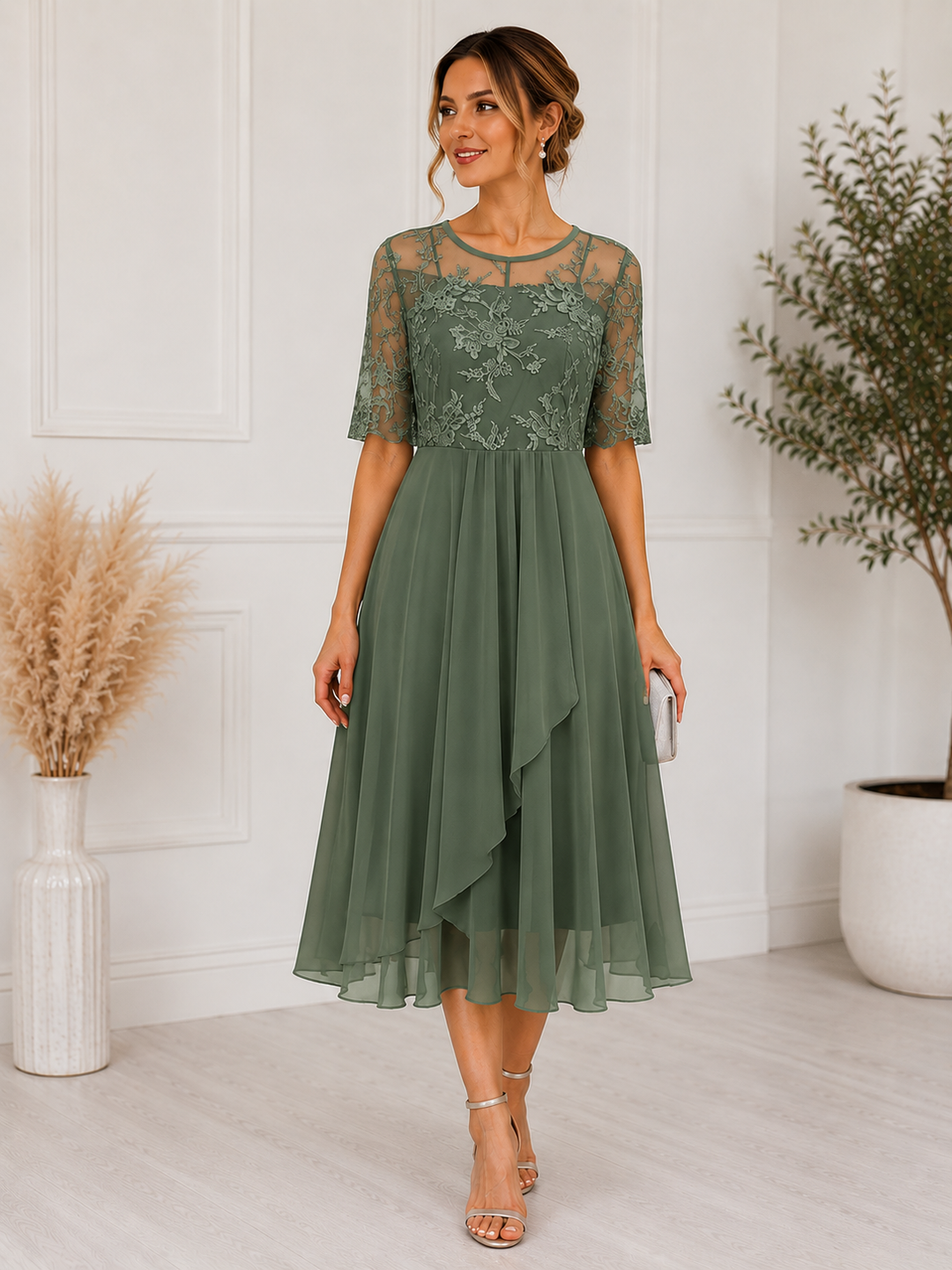 Women's Lace Midi Dress | A-Line Cocktail Dress for Special Occasions
