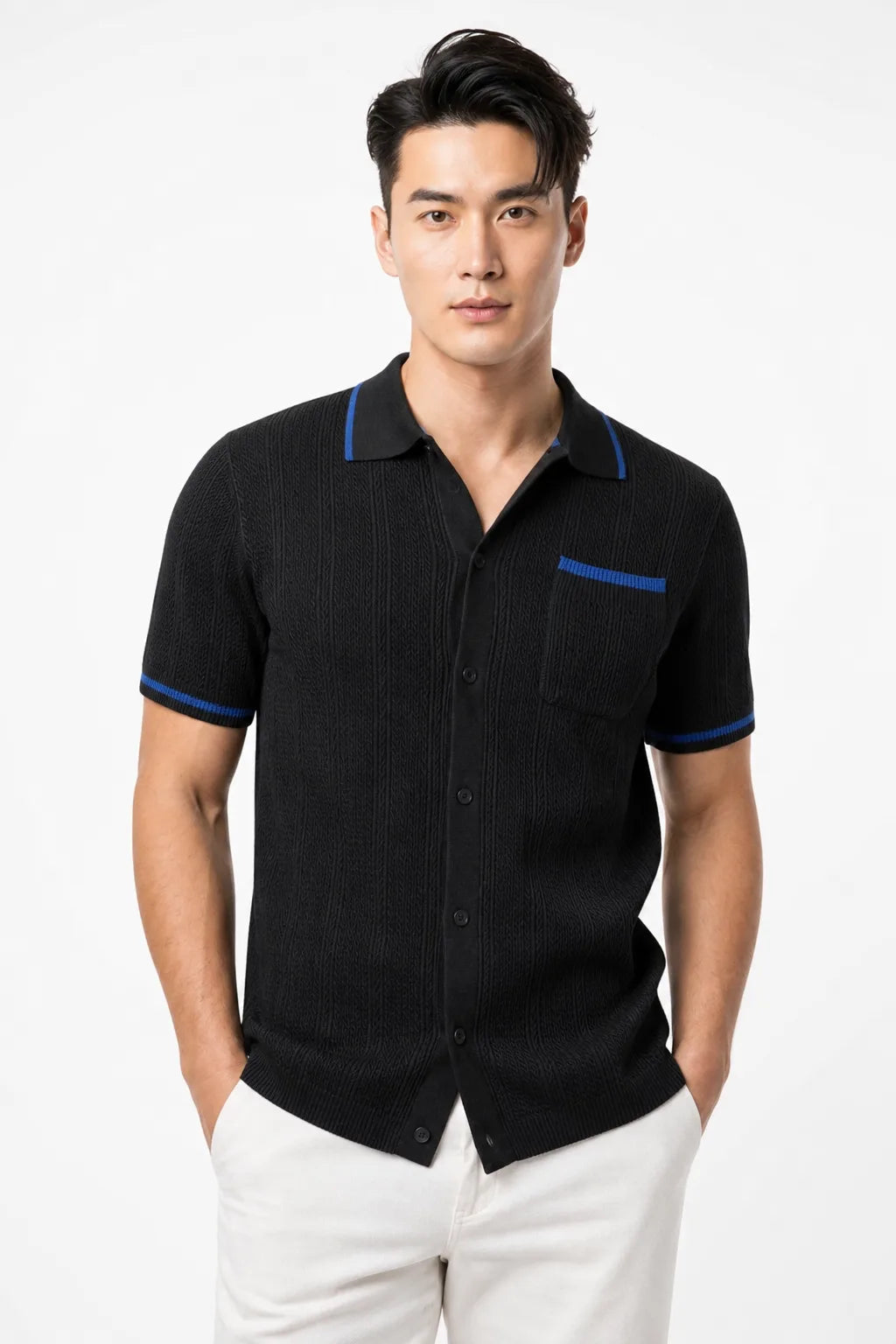 Drew Cable Knit Camp Shirt With Openwork Texture Relaxed Camp Collar Chest