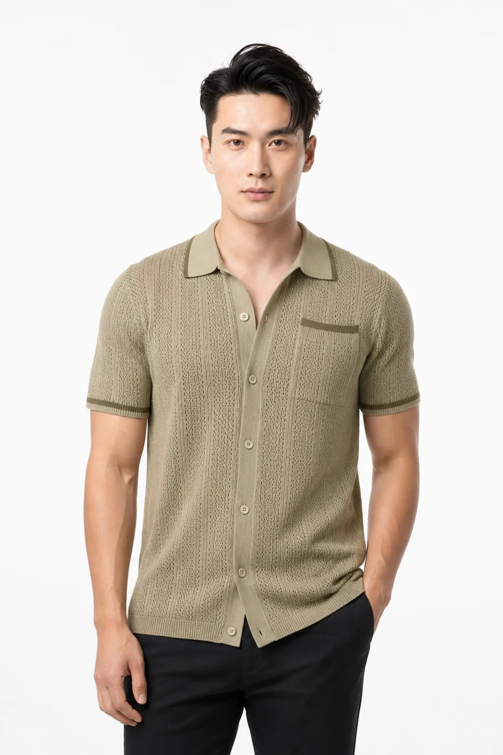 Drew Cable Knit Camp Shirt With Openwork Texture Relaxed Camp Collar Chest