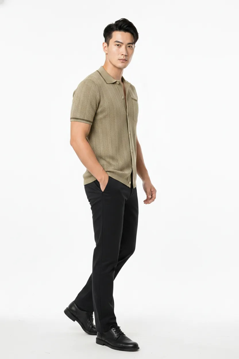 Drew Cable Knit Camp Shirt With Openwork Texture Relaxed Camp Collar Chest
