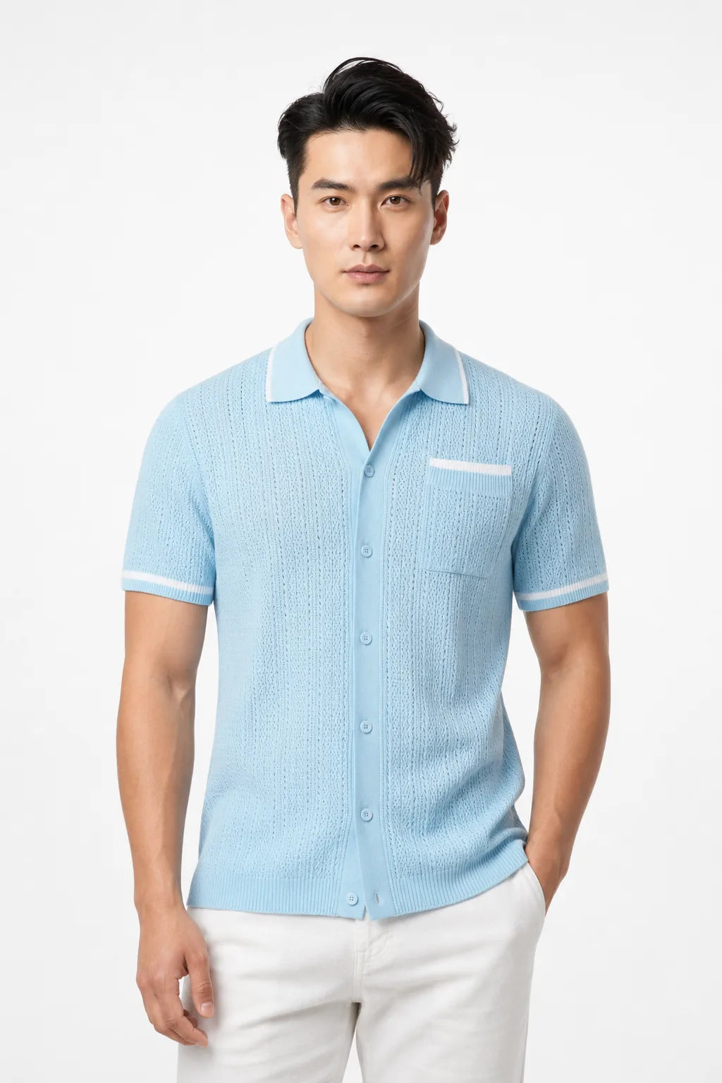 Drew Cable Knit Camp Shirt With Openwork Texture Relaxed Camp Collar Chest