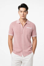 Drew Cable Knit Camp Shirt With Openwork Texture Relaxed Camp Collar Chest