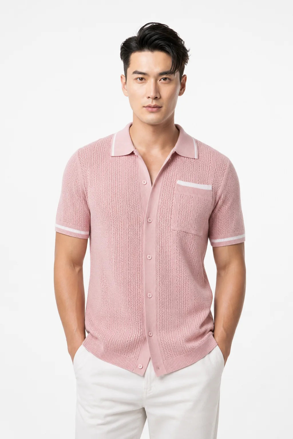 Drew Cable Knit Camp Shirt With Openwork Texture Relaxed Camp Collar Chest