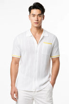 Drew Cable Knit Camp Shirt With Openwork Texture Relaxed Camp Collar Chest