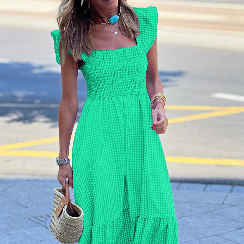 Women's High-Waist Plaid Sleeveless Dress-HighTouch