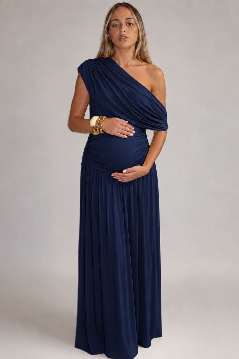 Maternity Maxi Dress – One Shoulder Soft Asymmetric Neckline Ruched Pregnancy Dress