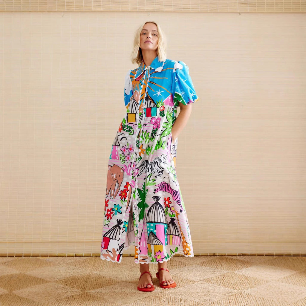 Linen Personality Printed Shirt-Collar Cardigan Dress-HighTouch