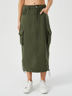 Women's Denim Cargo Midi Skirt – High Waisted Y2K Style with Pockets-HighTouch