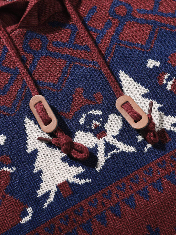 Women's Hooded Christmas Sweater with Reindeer and Snowflake Pattern