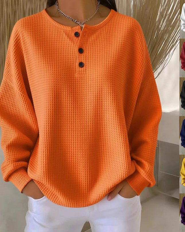 Waffle Knit Long Sleeve Button Top