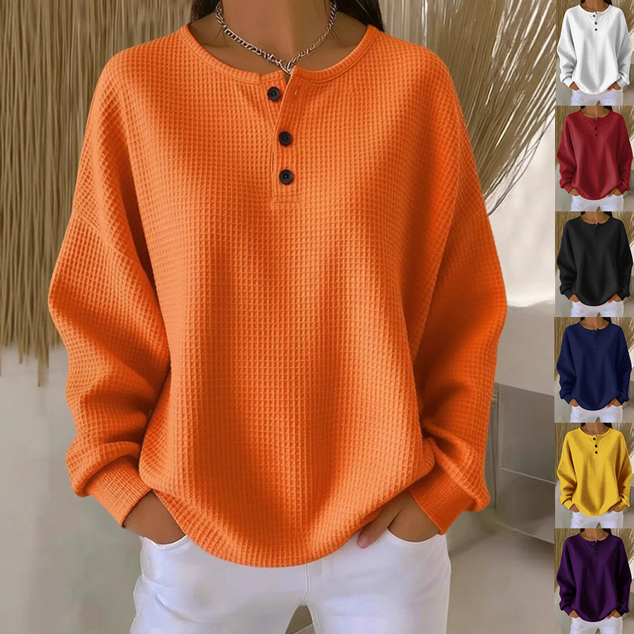 Waffle Knit Long Sleeve Button Top